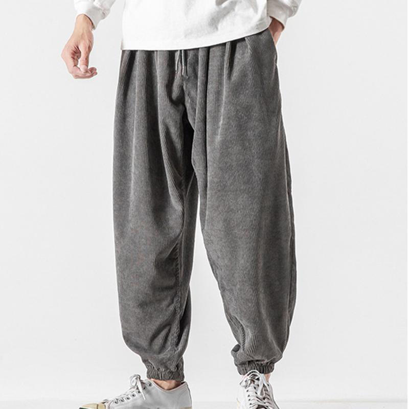 Pantalon Buddha Stones décontracté en velours côtelé avec cordon de serrage et poches pour homme, couleur pure, longueur cheville - image 2