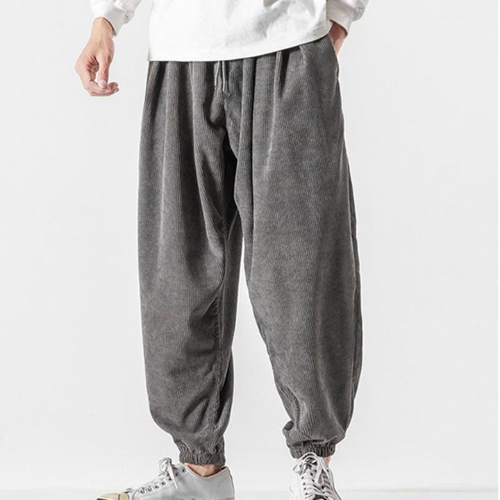 Pantalon Buddha Stones décontracté en velours côtelé avec cordon de serrage et poches pour homme, couleur pure, longueur cheville - image 2