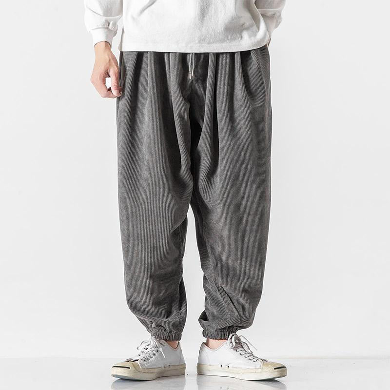 Pantalon Buddha Stones décontracté en velours côtelé avec cordon de serrage et poches pour homme, couleur pure, longueur cheville - Gris foncé - US/UK/AU46，EU56 (5XL) - image 1