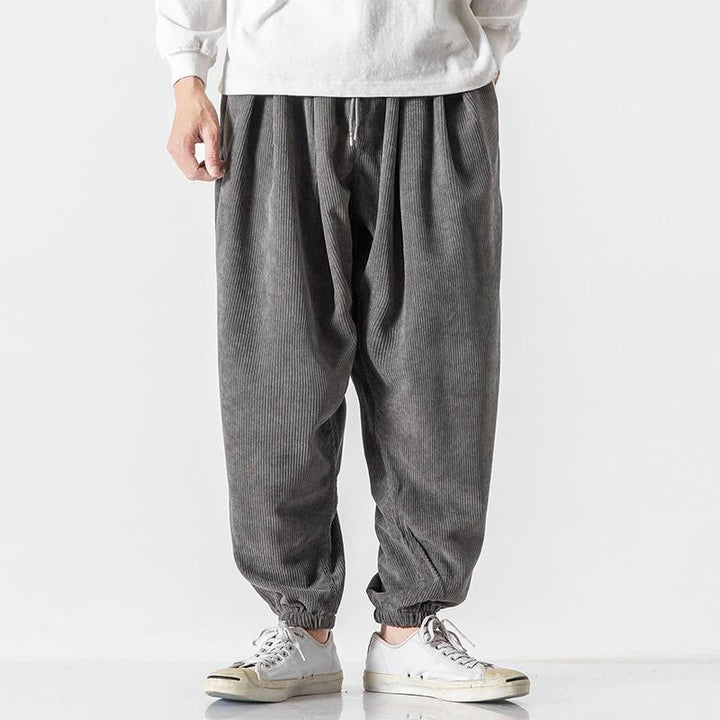 Pantalon Buddha Stones décontracté en velours côtelé avec cordon de serrage et poches pour homme, couleur pure, longueur cheville - Gris foncé - US/UK/AU46，EU56 (5XL) - image 1