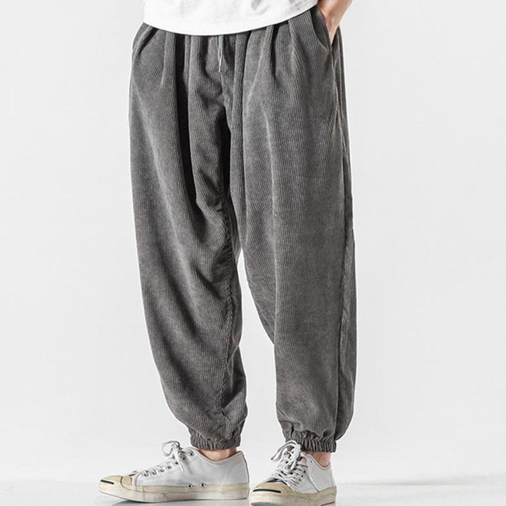 Pantalon Buddha Stones décontracté en velours côtelé avec cordon de serrage et poches pour homme, couleur pure, longueur cheville - image 3