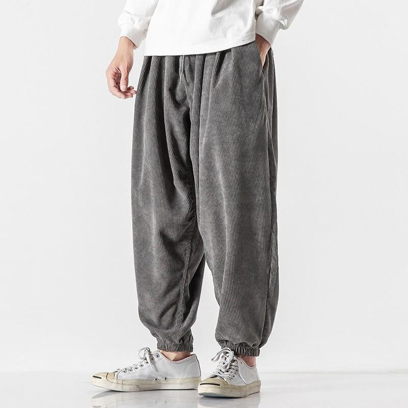 Pantalon Buddha Stones décontracté en velours côtelé avec cordon de serrage et poches pour homme, couleur pure, longueur cheville - image 2