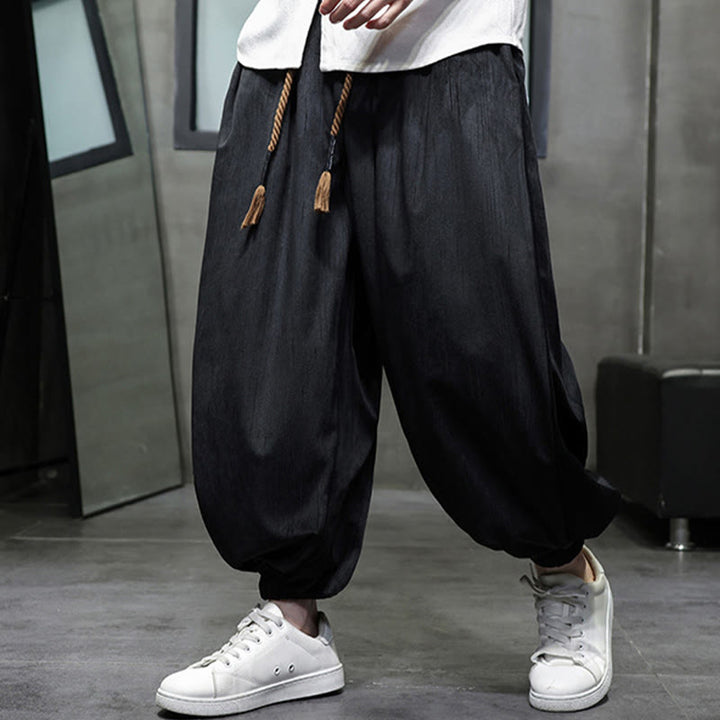 Pantalon sarouel décontracté pour homme avec cordon de serrage et poches, motif Buddha Stones, couleur pure - Noir - US/UK/AU48，EU58(5XL) - image 0