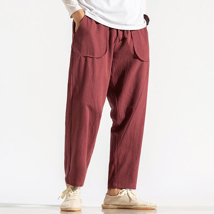 Pantalon sarouel en coton uni avec poches et cordon de serrage pour homme, style rétro et décontracté, motif Buddha Stones - Cramoisi - US/UK/AU46，EU56 (5XL) - image 7