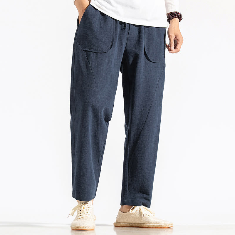 Pantalon sarouel en coton uni avec poches et cordon de serrage pour homme, style rétro et décontracté, motif Buddha Stones - Bleu foncé - US/UK/AU46，EU56 (5XL) - image 1