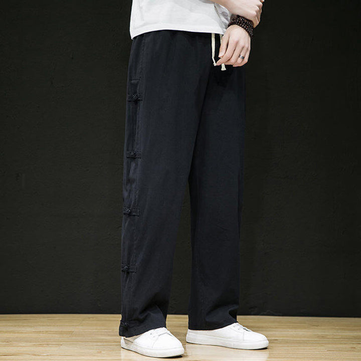 Pantalon large décontracté à motif patchwork de grues Buddha Stones pour homme, avec poches et boutons grenouille - image 8
