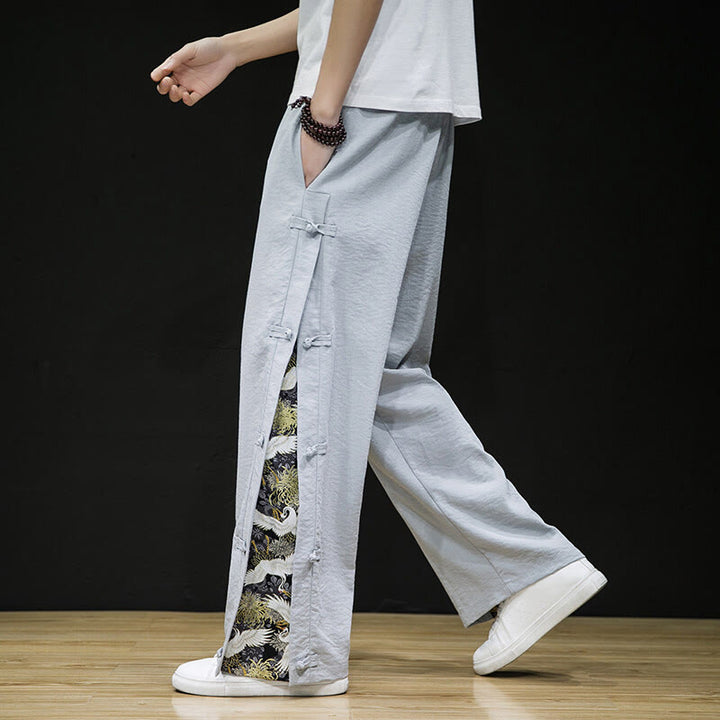 Pantalon large décontracté à motif patchwork de grues Buddha Stones pour homme, avec poches et boutons grenouille - image 18