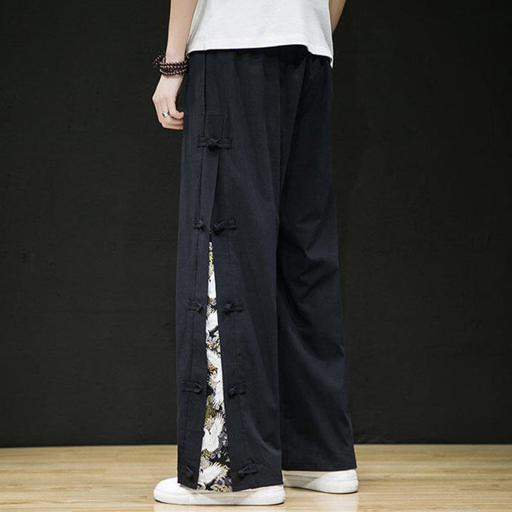 Pantalon large décontracté à motif patchwork de grues Buddha Stones pour homme, avec poches et boutons grenouille - image 3