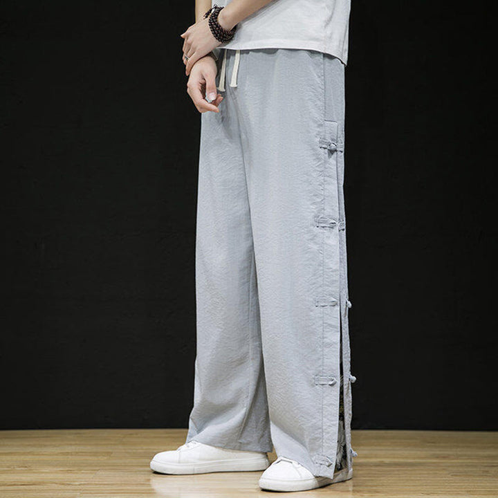 Pantalon large décontracté à motif patchwork de grues Buddha Stones pour homme, avec poches et boutons grenouille - image 14