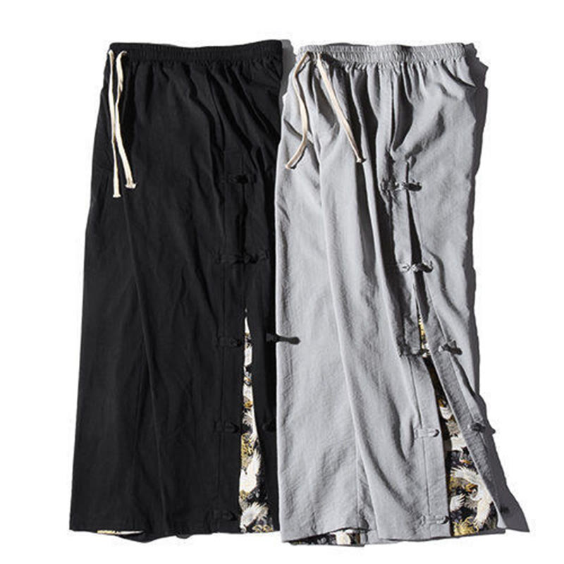 Pantalon large décontracté à motif patchwork de grues Buddha Stones pour homme, avec poches et boutons grenouille - image 32
