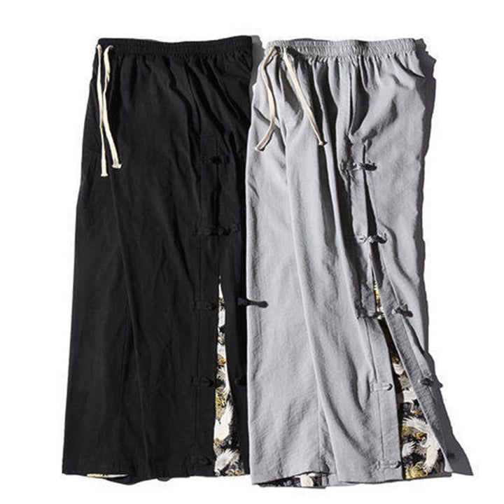 Pantalon large décontracté à motif patchwork de grues Buddha Stones pour homme, avec poches et boutons grenouille - image 32