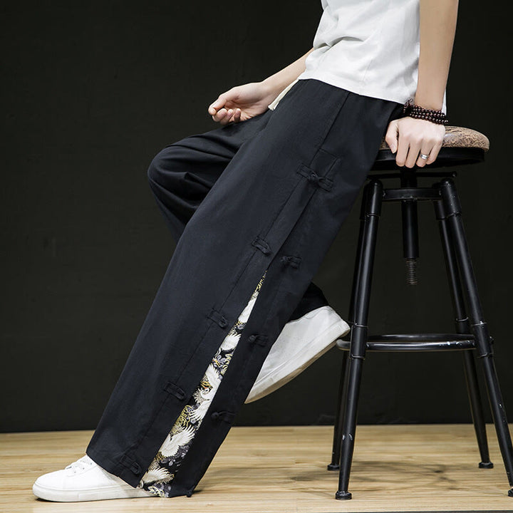 Pantalon large décontracté à motif patchwork de grues Buddha Stones pour homme, avec poches et boutons grenouille - image 9