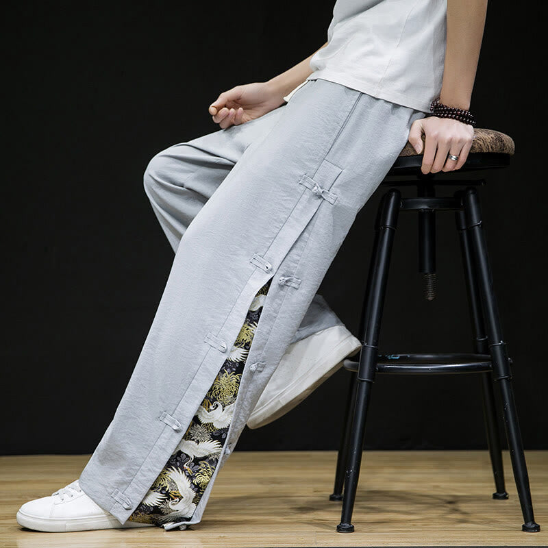 Pantalon large décontracté à motif patchwork de grues Buddha Stones pour homme, avec poches et boutons grenouille - image 20