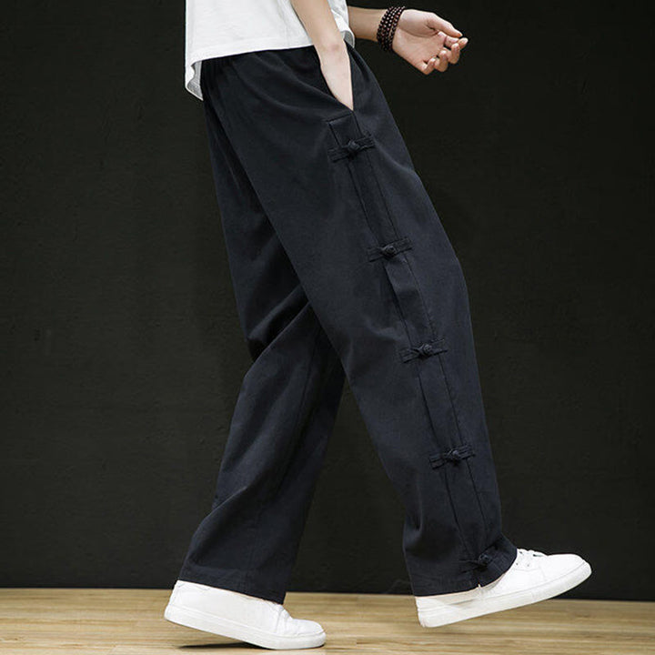 Pantalon large décontracté à motif patchwork de grues Buddha Stones pour homme, avec poches et boutons grenouille - image 5