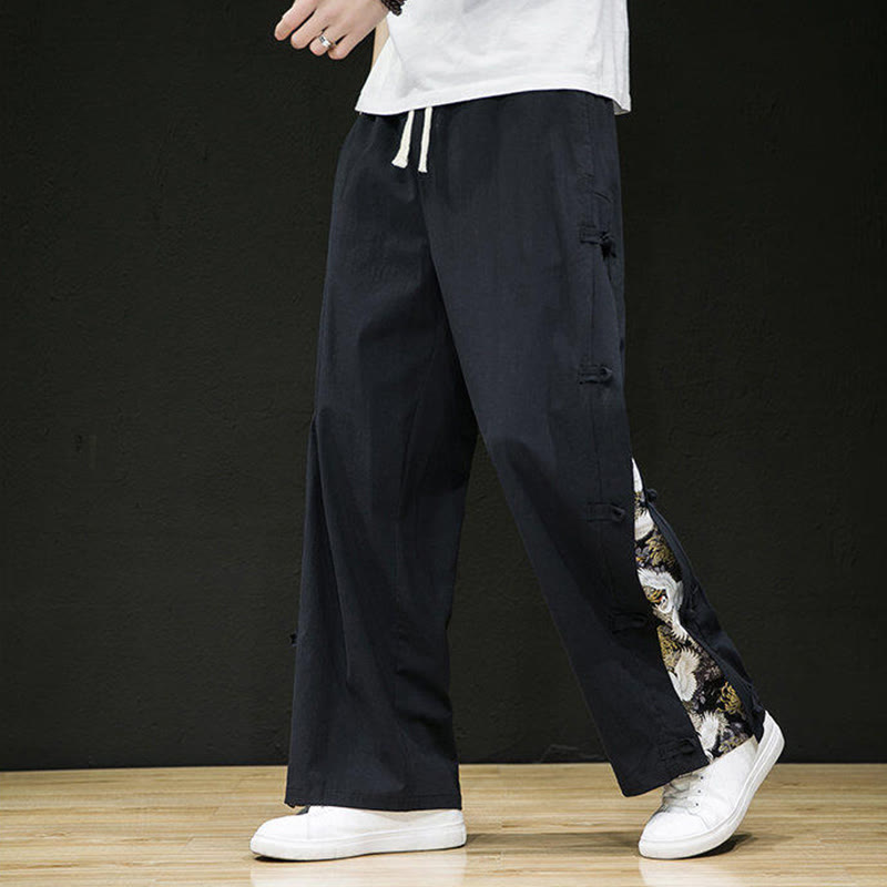 Pantalon large décontracté à motif patchwork de grues Buddha Stones pour homme, avec poches et boutons grenouille - Noir - US/UK/AU46，EU56 (5XL) - image 1