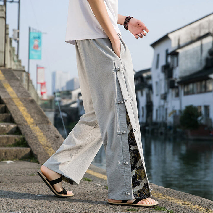 Pantalon large décontracté à motif patchwork de grues Buddha Stones pour homme, avec poches et boutons grenouille - Gris clair - US/UK/AU46，EU56 (5XL) - image 12