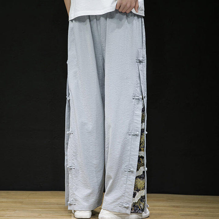 Pantalon large décontracté à motif patchwork de grues Buddha Stones pour homme, avec poches et boutons grenouille - image 16
