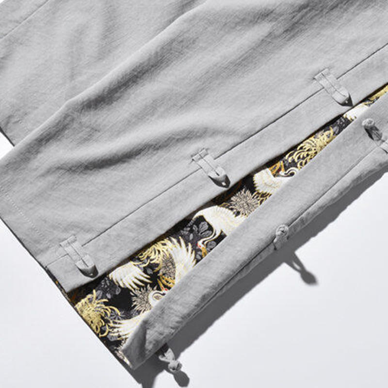Pantalon large décontracté à motif patchwork de grues Buddha Stones pour homme, avec poches et boutons grenouille - image 29