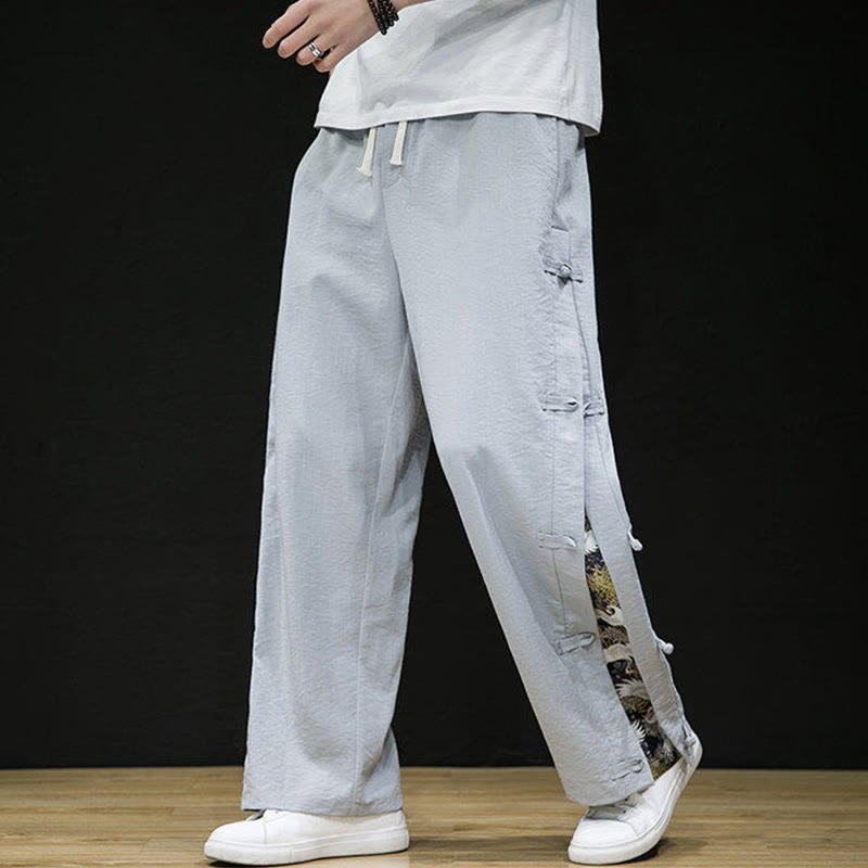 Pantalon large décontracté à motif patchwork de grues Buddha Stones pour homme, avec poches et boutons grenouille - image 15