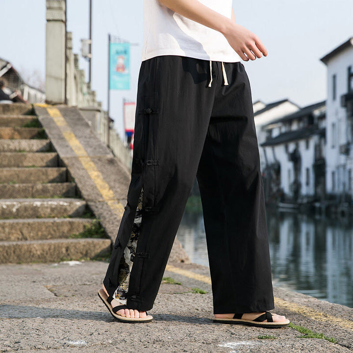 Pantalon large décontracté à motif patchwork de grues Buddha Stones pour homme, avec poches et boutons grenouille - image 1