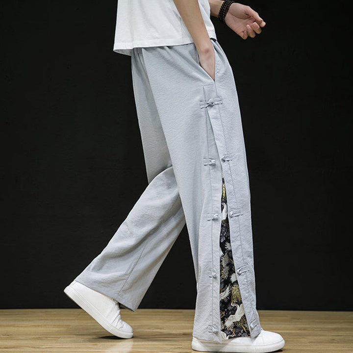 Pantalon large décontracté à motif patchwork de grues Buddha Stones pour homme, avec poches et boutons grenouille - image 19