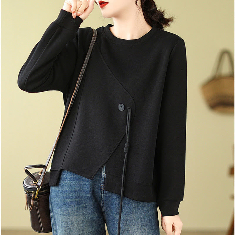 Sweat-shirt ras du cou en coton uni avec boutons Buddha Stones Fall pour femme  - image 5