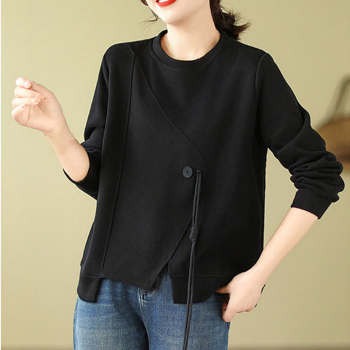 Sweat-shirt ras du cou en coton uni avec boutons Buddha Stones Fall pour femme  - image 4