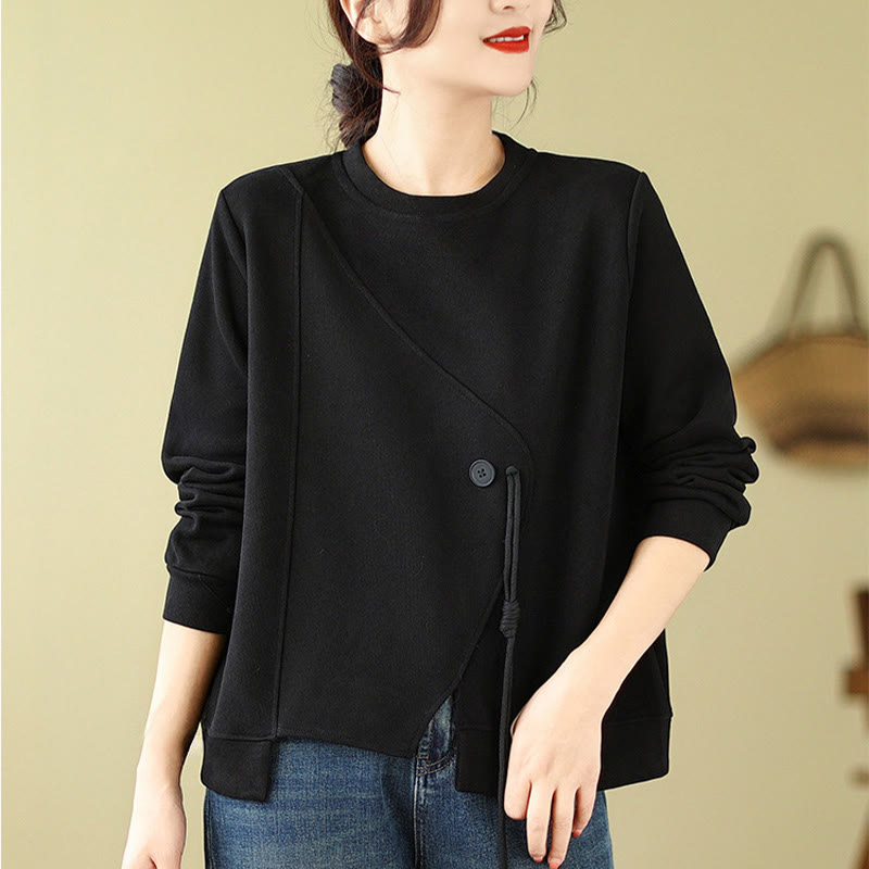 Sweat-shirt ras du cou en coton uni avec boutons Buddha Stones Fall pour femme  - Noir - US12，UK/AU16，EU44 (2XL) - image 1