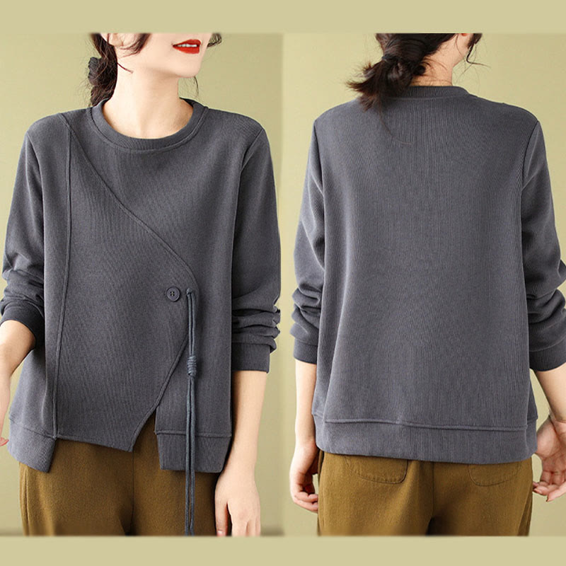 Sweat-shirt ras du cou en coton uni avec boutons Buddha Stones Fall pour femme  - image 11