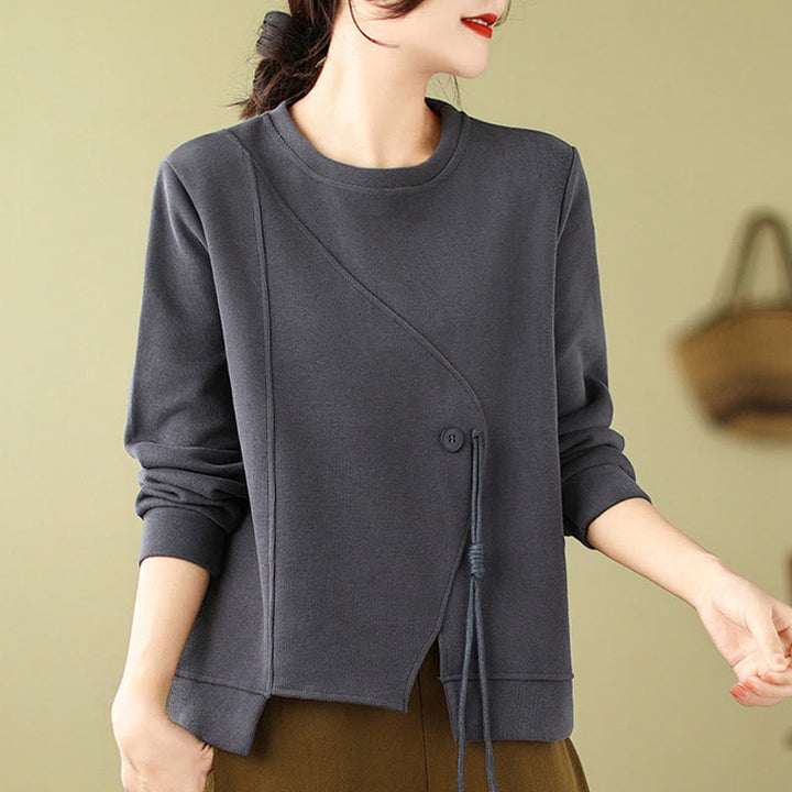 Sweat-shirt ras du cou en coton uni avec boutons Buddha Stones Fall pour femme  - image 10