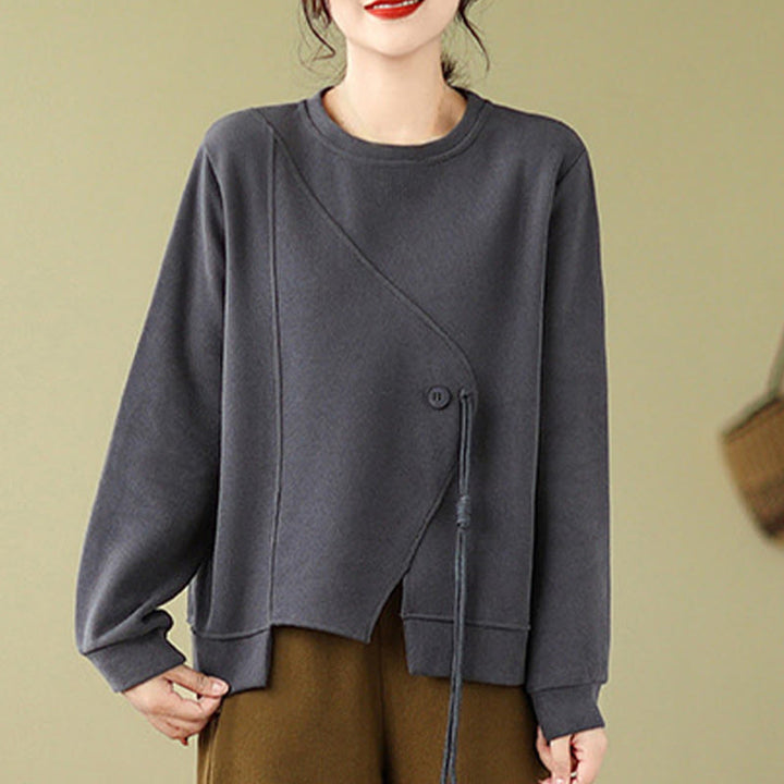Sweat-shirt ras du cou en coton uni avec boutons Buddha Stones Fall pour femme  - image 9