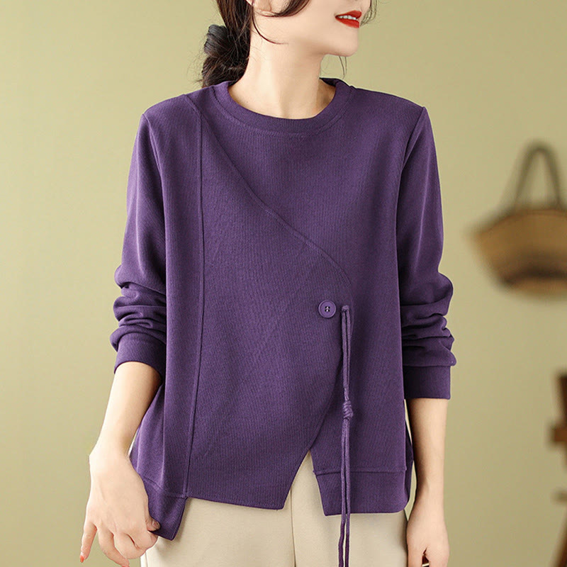 Sweat-shirt ras du cou en coton uni avec boutons Buddha Stones Fall pour femme  - image 15