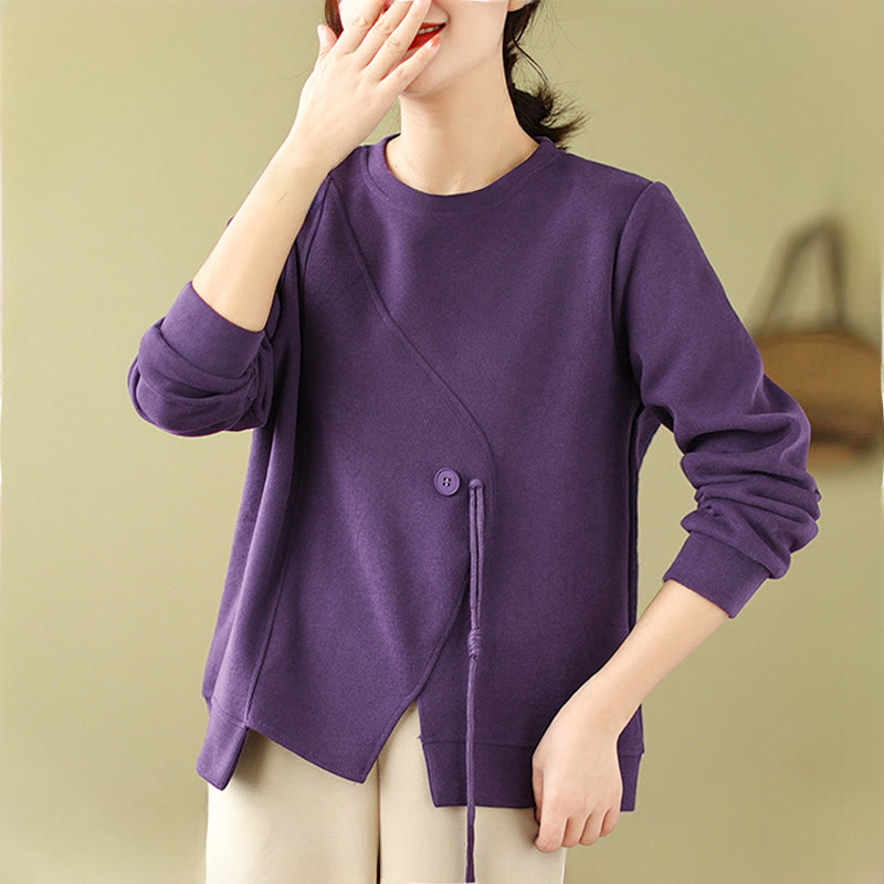 Sweat-shirt ras du cou en coton uni avec boutons Buddha Stones Fall pour femme  - image 13