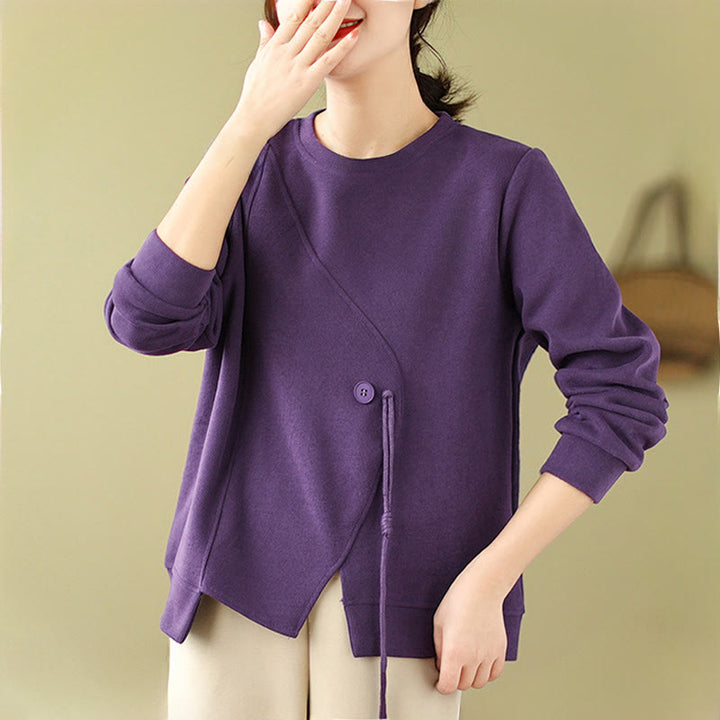 Sweat-shirt ras du cou en coton uni avec boutons Buddha Stones Fall pour femme  - image 13