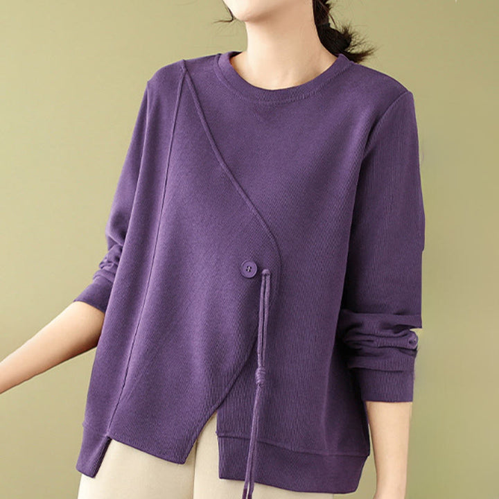 Sweat-shirt ras du cou en coton uni avec boutons Buddha Stones Fall pour femme  - Violet - US12，UK/AU16，EU44 (2XL) - image 12