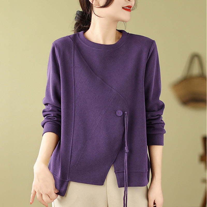 Sweat-shirt ras du cou en coton uni avec boutons Buddha Stones Fall pour femme  - image 16