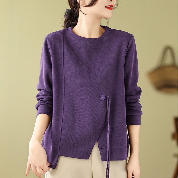 Sweat-shirt ras du cou en coton uni avec boutons Buddha Stones Fall pour femme  - image 16