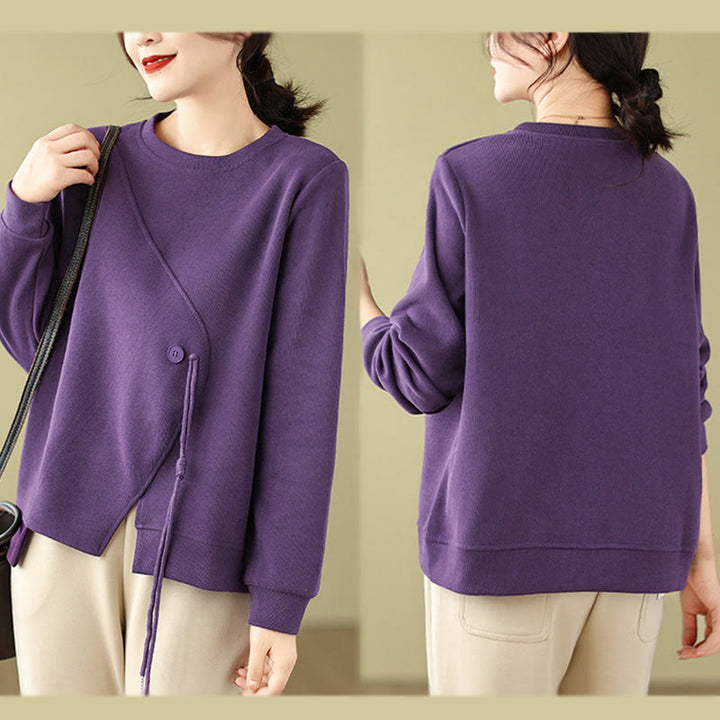 Sweat-shirt ras du cou en coton uni avec boutons Buddha Stones Fall pour femme  - image 17