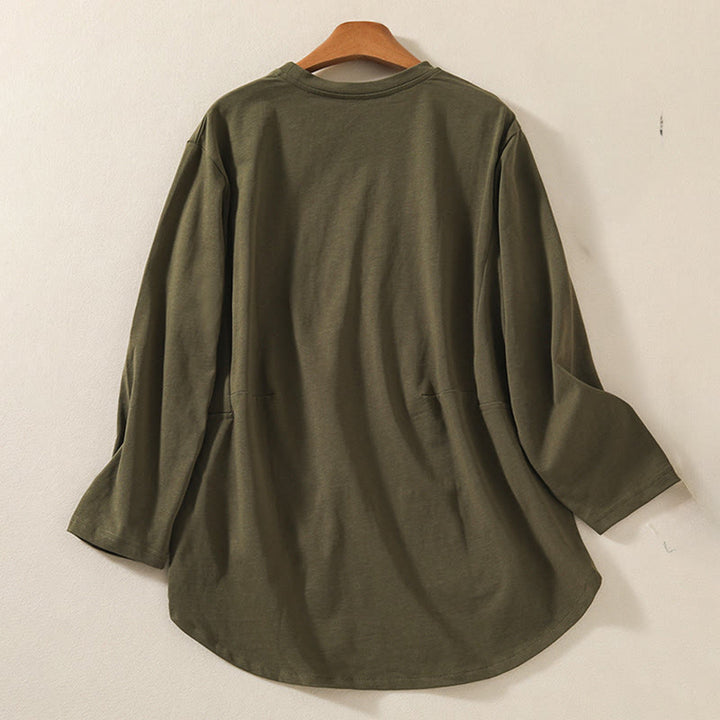 T-shirt décontracté à manches longues en coton et lin pur avec ourlet irrégulier et motif Buddha Stones pour femme - image 1