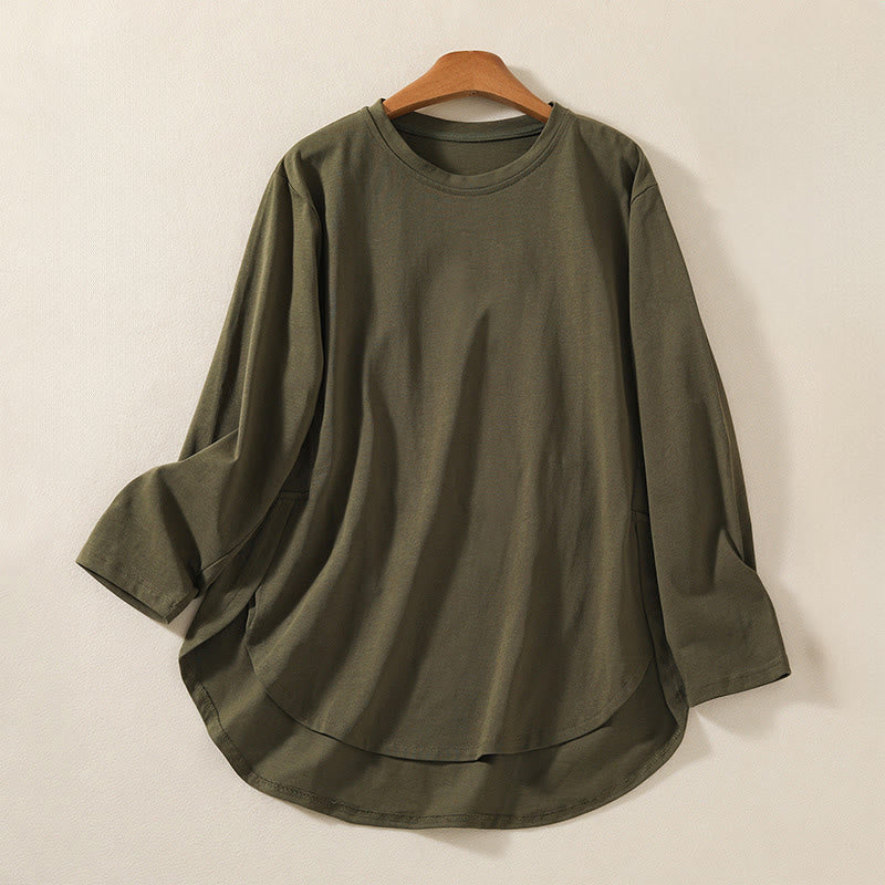 T-shirt décontracté à manches longues en coton et lin pur avec ourlet irrégulier et motif Buddha Stones pour femme - Vert olive foncé - US14，UK/AU18，EU46 (2XL) - image 1