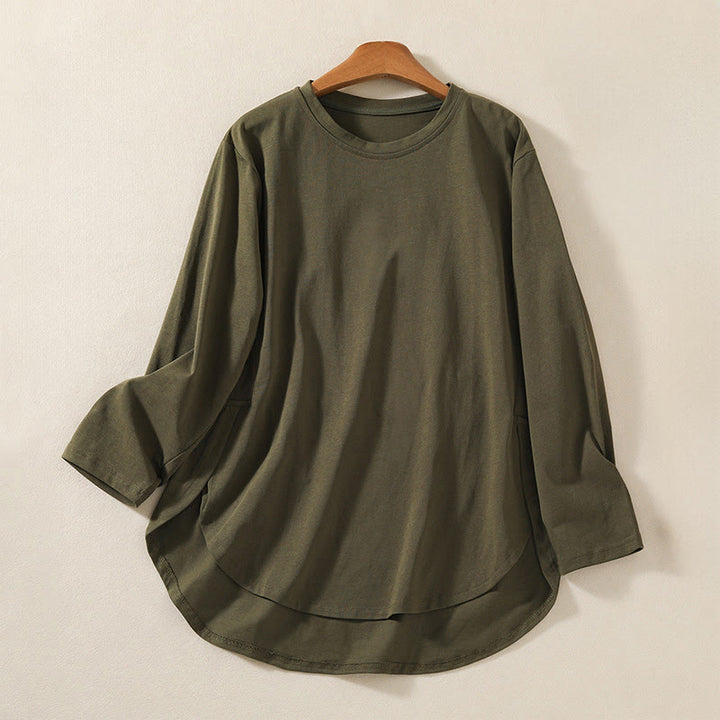T-shirt décontracté à manches longues en coton et lin pur avec ourlet irrégulier et motif Buddha Stones pour femme - Vert olive foncé - US14，UK/AU18，EU46 (2XL) - image 1
