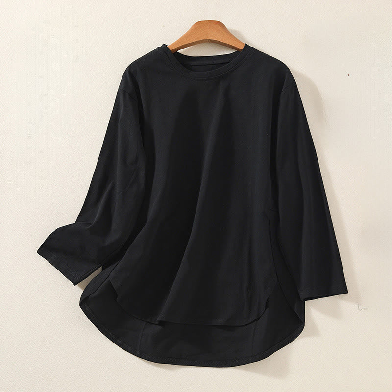 T-shirt décontracté à manches longues en coton et lin pur avec ourlet irrégulier et motif Buddha Stones pour femme - Noir - US14，UK/AU18，EU46 (2XL) - image 8