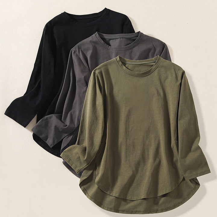 T-shirt décontracté à manches longues en coton et lin pur avec ourlet irrégulier et motif Buddha Stones pour femme - image 19