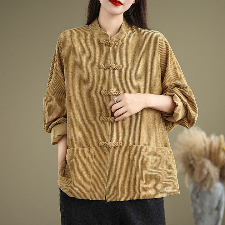 Veste en velours côtelé de coton et lin pour femme, col montant et boutons grenouille, Buddha Stones - image 5