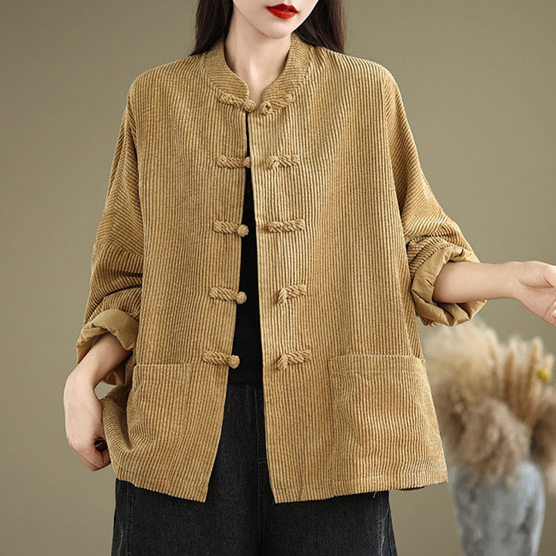 Veste en velours côtelé pour femme à col montant et boutons grenouille Buddha Stones - image 2