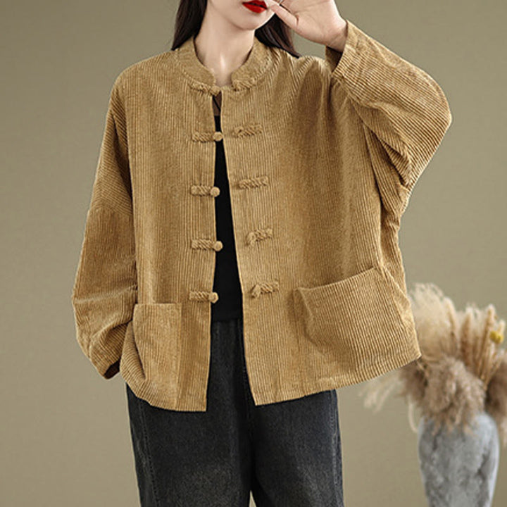 Veste en velours côtelé pour femme à col montant et boutons grenouille Buddha Stones - image 3
