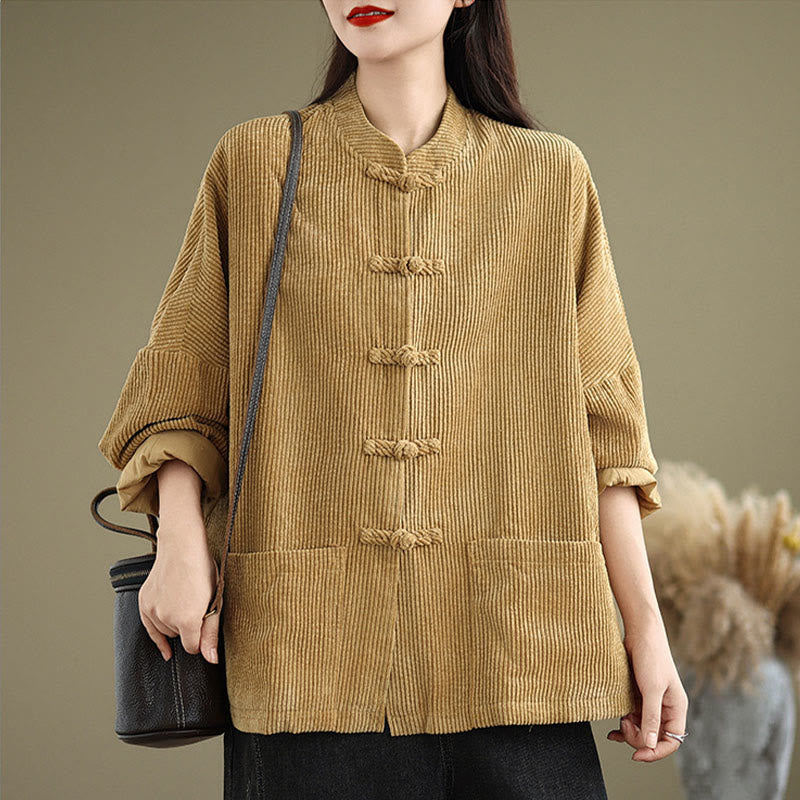 Veste en velours côtelé de coton et lin pour femme, col montant et boutons grenouille, Buddha Stones - image 2
