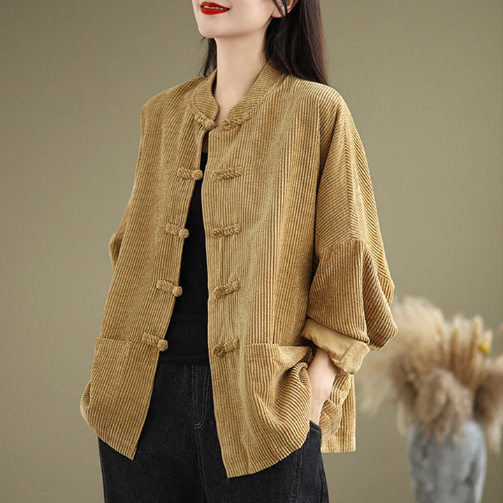 Veste en velours côtelé de coton et lin pour femme, col montant et boutons grenouille, Buddha Stones - Verge d'or - US14，UK/AU18，EU46 (2XL) - image 1