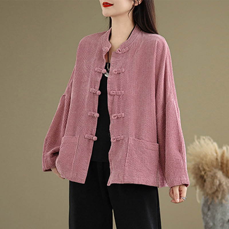 Veste en velours côtelé pour femme à col montant et boutons grenouille Buddha Stones - Rouge violet pâle - US14，UK/AU18，EU46 (2XL) - image 9
