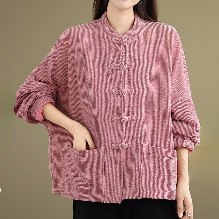 Veste en velours côtelé de coton et lin pour femme, col montant et boutons grenouille, Buddha Stones - image 11